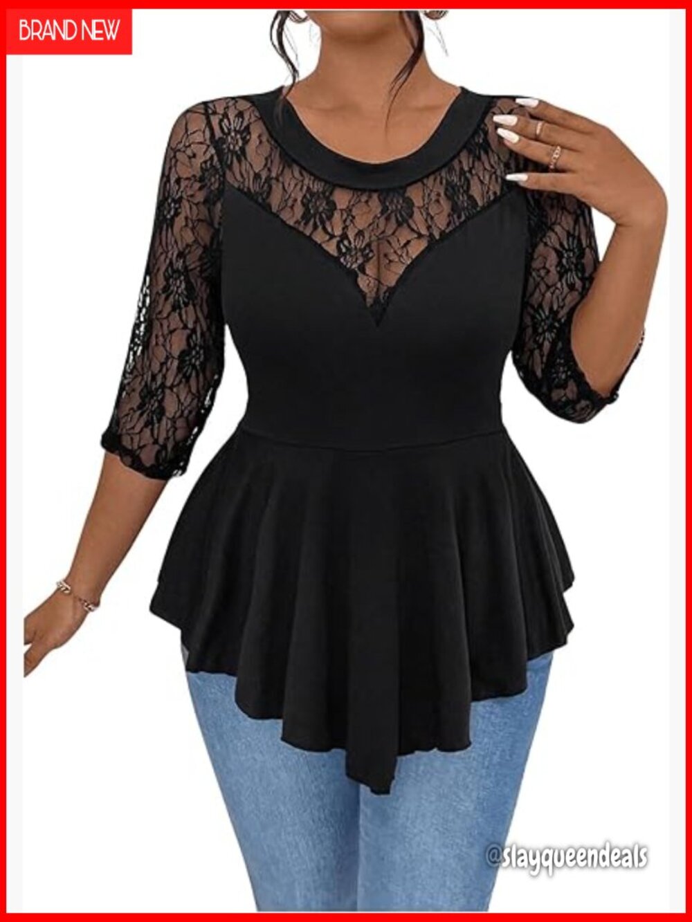 Women's Plus Size Peplum Top Sheer Mesh Lace 3/4 Sleeve Crew Neck Tee